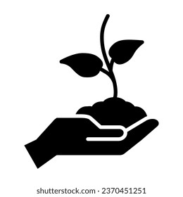 Young sprout in hand solid icon, care nature concept, Hand holding seedling in soil symbol on white background, Plant in caring hand icon in glyph style for mobile, web. Vector graphics