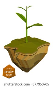 Young sprout on a abstract island. Low poly style. Vector illustration