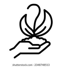 Young sprout on hand line icon, ecology concept, gardening plant in soil symbol on white background, Hand carefully holds seedling with leaves icon outline style. Vector graphics.