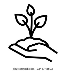 Joven brote con tres hojas en línea de mano icono, salvar el concepto de la naturaleza, plántula con un puñado de suelo en el signo de la palma humana sobre el estilo de contorno blanco joven de la planta. Gráficos vectoriales.