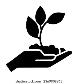 Young sprout with three leaves in hand solid icon, ecology concept, seedling with handful of soil on hand sign on white background, young growth icon in glyph style for mobile. Vector graphics