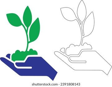 Young sprout with three leaves in hand solid icon, ecology concept, seedling with handful of soil on hand sign.