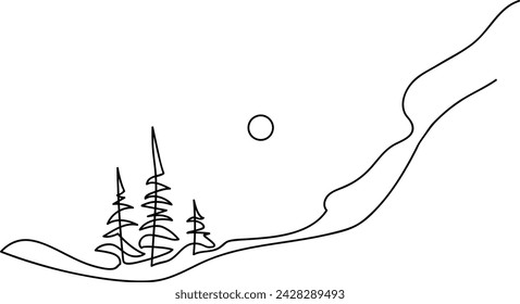 Young spruce on a snowy mountain slope. Winter landscape. Continuous line drawing. Vector illustration
