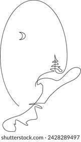 Young spruce on a snowy mountain slope. Winter landscape. Continuous line drawing. Vector illustration
