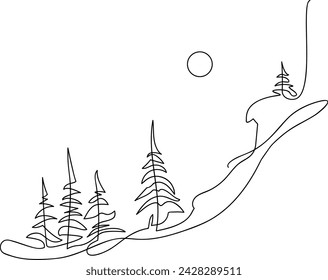 Young spruce on a snowy mountain slope. Winter landscape. Continuous line drawing. Vector illustration svg