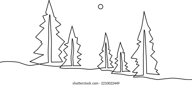 Young spruce trees in the field. Landscape. Continuous line drawing. Vector illustration.