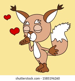 young squirrel blows a kiss, color clip art on an isolated background with hearts