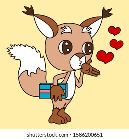 young squirrel holds a gift in his hand and blows a kiss, color clip art on an isolated background with hearts