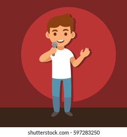 Young stand up comedian with microphone on stage background, cartoon vector illustration.