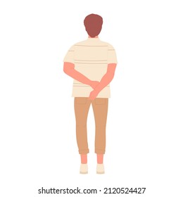 Young standing backside man with crossed hands. Waiting boy with arms behind his back cartoon vector illustration