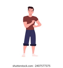 Young standing man apply self injection in arm isolated flat vector illustration. Boy inject himself shot of medication with syringe. Self care and help concept.