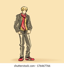 Young standing man in jacket and long scarf