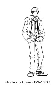 Young standing man in jacket and long scarf