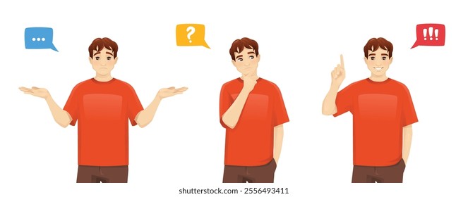 Young standing young teenage student man making decision - upset, thinking and making idea pointing up. Isolated on white background vector illustration