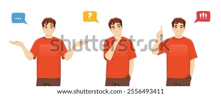 Young standing young teenage student man making decision - upset, thinking and making idea pointing up. Isolated on white background vector illustration