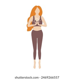 Young standing woman meditating with star symbol in her hands. Meditation, harmony, and enlightenment concept. Vector illustration.