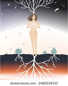 Mujer joven de pie meditando con la estrella en sus manos. Meditación, armonía y concepto de iluminación. Creación del universo. Ilustración vectorial.