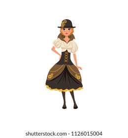 Young steampunk girl. Woman in blouse, corset, skirt with bustle and bowler hat with gears. Fashion dress of Victorian era. Flat vector