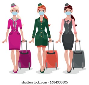 Young stewardess in different style uniform. Woman in blue medical face mask. Women's profession. 