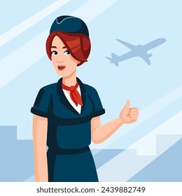 Junge Stewardess zeigt vor dem Flug Daumen hoch am Flughafen. Reisekonzept, flaches Design, Cartoon-Stil. Vektorgrafik. Air Hostess in Airline-Uniform.