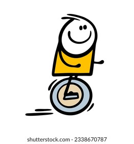 Young stickman guy rushes on a monowheel without a helmet and protection. Vector illustration of dangerous children's fun. Wheel as a means of transportation. Funny character isolated.