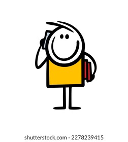 Young stickman student talking via smartphone and holding library books. Smart vector illustration of clever pupil reader.