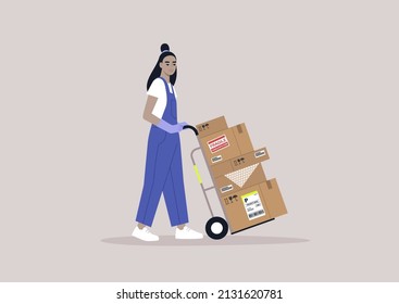 A young storage worker in denim overalls rolling a cart loaded with cardboard boxes, delivery service, cargo shipment