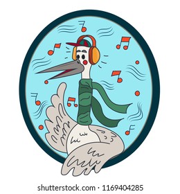 A young stork listening to music on headphones. New Year's collection