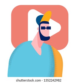 Young Streamer, Vlogger Flat Vector Illustration. Man in Hat and Sunglasses Cartoon Character. Blogger, Online Content Creator. Blogging Business, Internet Channel Isolated Design Element