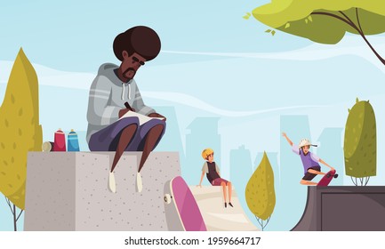 Young Street Artist In Hoodie Sketching Graffiti Design Sitting On Ramp In Skatepark Cartoon Composition Vector Illustration