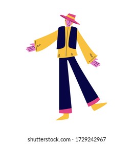 Young street atrist in bright costume dancing during performance vector illustration