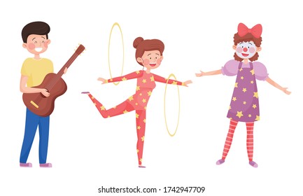 Young Street Performers with Girl Juggling with Hoola Hoop and Boy Playing Guitar Vector Set