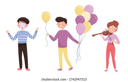 Young Street Performers with Girl Playing Violin and Boy Miming Vector Set