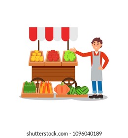 Young street vendor selling fresh fruits and vegetables. Local farmers market. Flat vector design