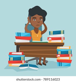 Young stressed african student sitting at the table with a lot of books. Worried student studying before the exam with lots of books and clutching head. Vector cartoon illustration. Square layout.