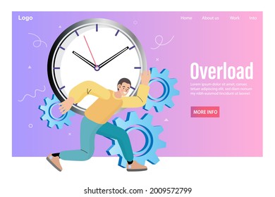 Young stressed businessman carrying big heavy clock on his back feeling overloaded. overload, work burnout concept. Time management failure. depressed man. vector illustration.