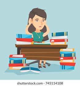 Young Stressed Caucasian Student Sitting At The Table With A Lot Of Books. Worried Student Studying Before The Exam With Lots Of Books And Clutching Head. Vector Cartoon Illustration. Square Layout.