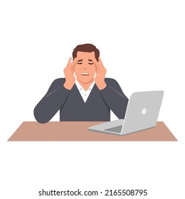 Young stressed man cartoon character clutched his head in panic. The bad news. Flat vector illustration isolated on white background