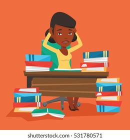 Young stressed student studying with textbooks. An african-american student studying hard before exam. Desperate female student studying in the library. Vector flat design illustration. Square layout.