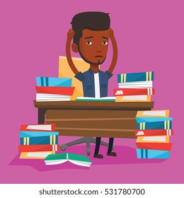 Joven estudiante estresado estudiando con libros de texto. Un estudiante afroamericano que estudia mucho antes del examen. Estudiante masculino desesperado estudiando en la biblioteca. Ilustración de diseño plana vectorial. Diseño cuadrado.