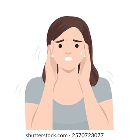 Young stressed woman with her hands on the head. Flat vector illustration isolated on white background