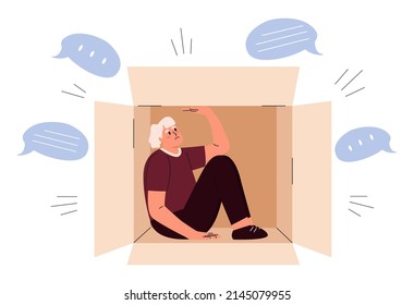 Young stressed woman hiding in box trying to het rid of people bullying and public opinion. Bullying and public opinion concept. Vector illustration
