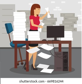 Young stressed woman in office mad at work, ripping documents with frustrated facial expression. Throwing around scraps of paper. Negative human emotions. Overworked concept illustration vector.

