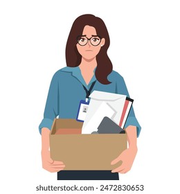 Young stressed woman standing holding box with belongings being fired from her job. Flat vector illustration isolated on white background