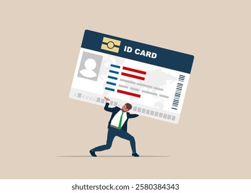 Young stressful sad businessman clerk carry ID card on his back. Financial crisis and credit payment. Business, mental stress, bankruptcy, debt concept. Personal business card. Vector illustration