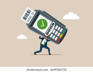 Jovem estressante triste empresário funcionário gerente carregando carregam máquina Pos e recibo em suas costas. Dispositivo leitor de cartão que imprime folhas de papel. Ilustração de vetor plano