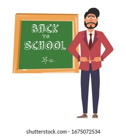 Young Strict School Teacher. School Teacher Teaching With A Pointer. Vector Illustration.