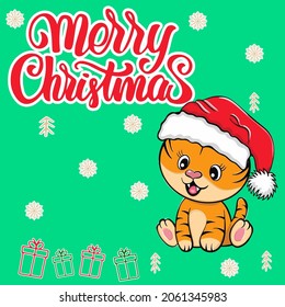 young striped tiger cub in Santa Claus hat. symbol 2022 merry christmas lettering