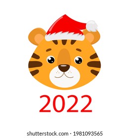 a young striped tiger cub wearing a Santa Claus hat. symbol 2022