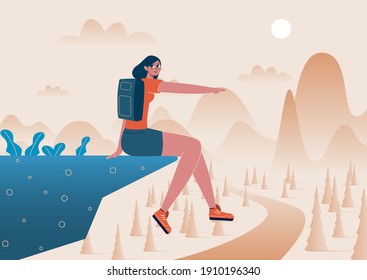 Young and strong confident woman woman sitting on the edge of the mountain. She points her hand into the distance. Flat vector illustration.